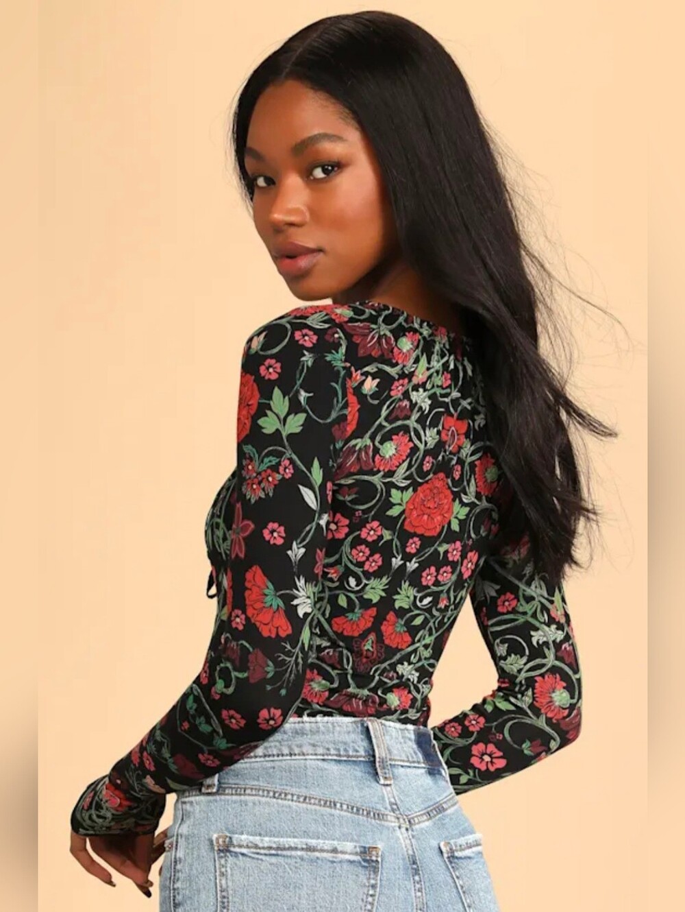 Free People Make It Easy Long Sleeve Fitted Scoop Neck Top Black Red Floral Sz M - Picture 2 of 11